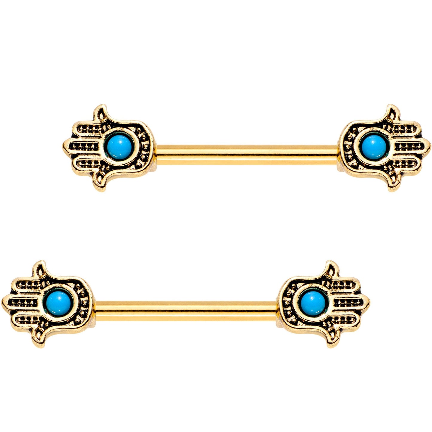 9/16 Blue Orb Gold Plated Hamsa Hand Barbell Nipple Ring Set