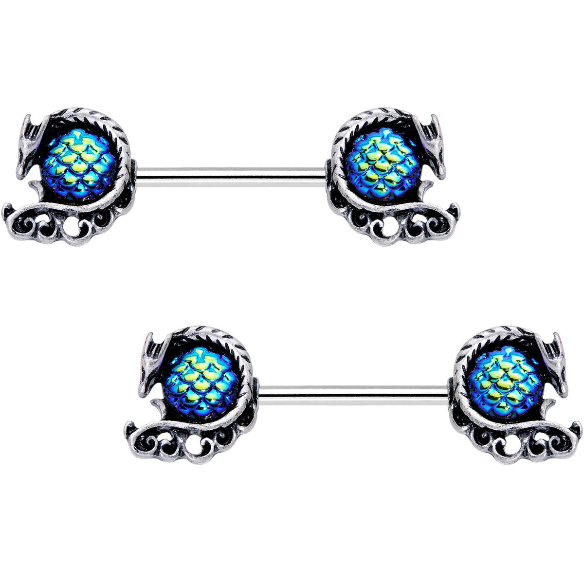 Green Mermaid Scale Daring Dragon Barbell Nipple Ring Set