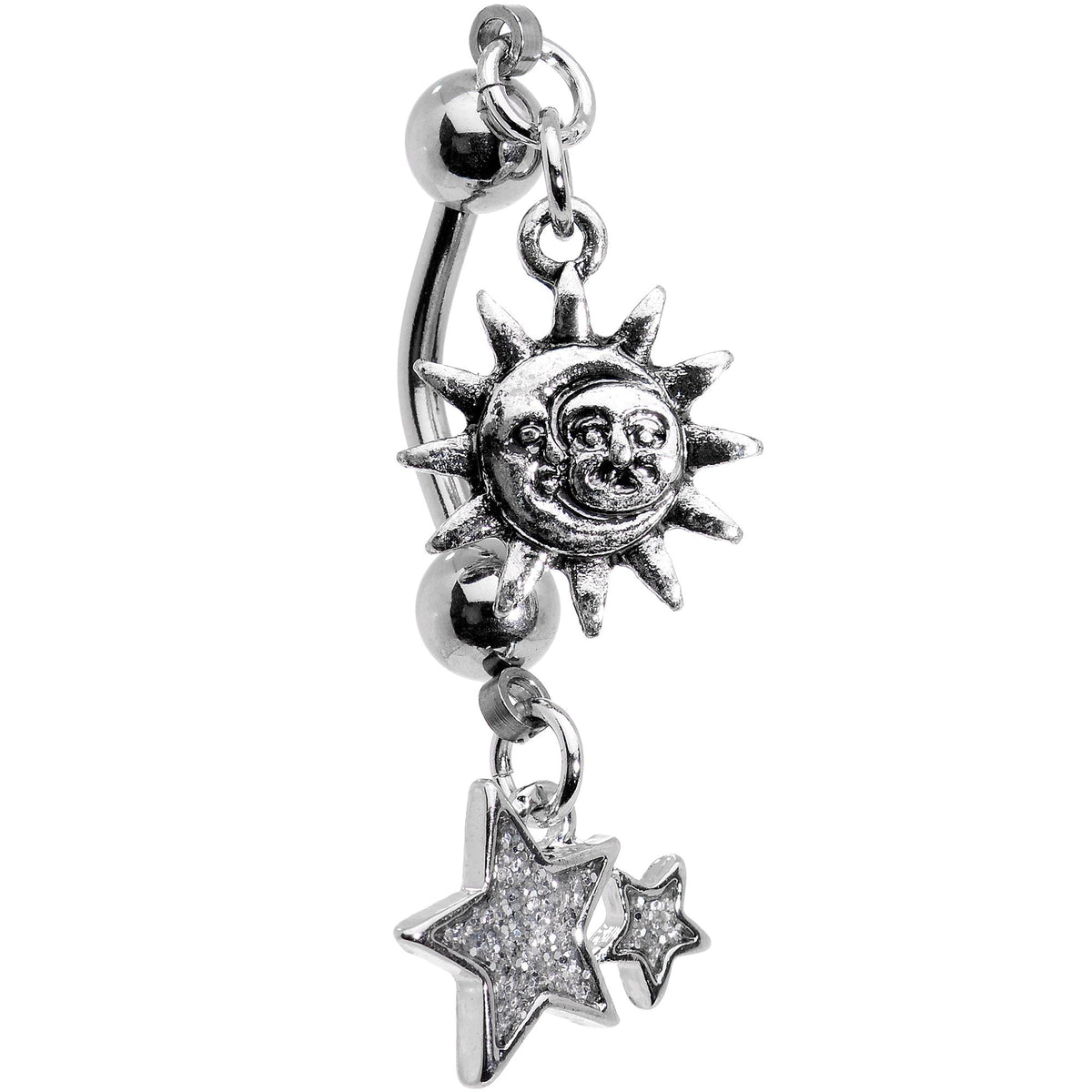 Clear Gem Sun Moon Star Double Mount Dangle Belly Ring
