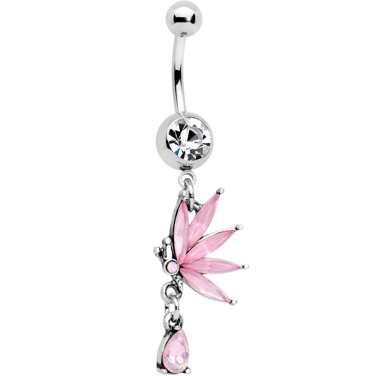 Clear Pink Gem Flower Fan Dangle Belly Ring