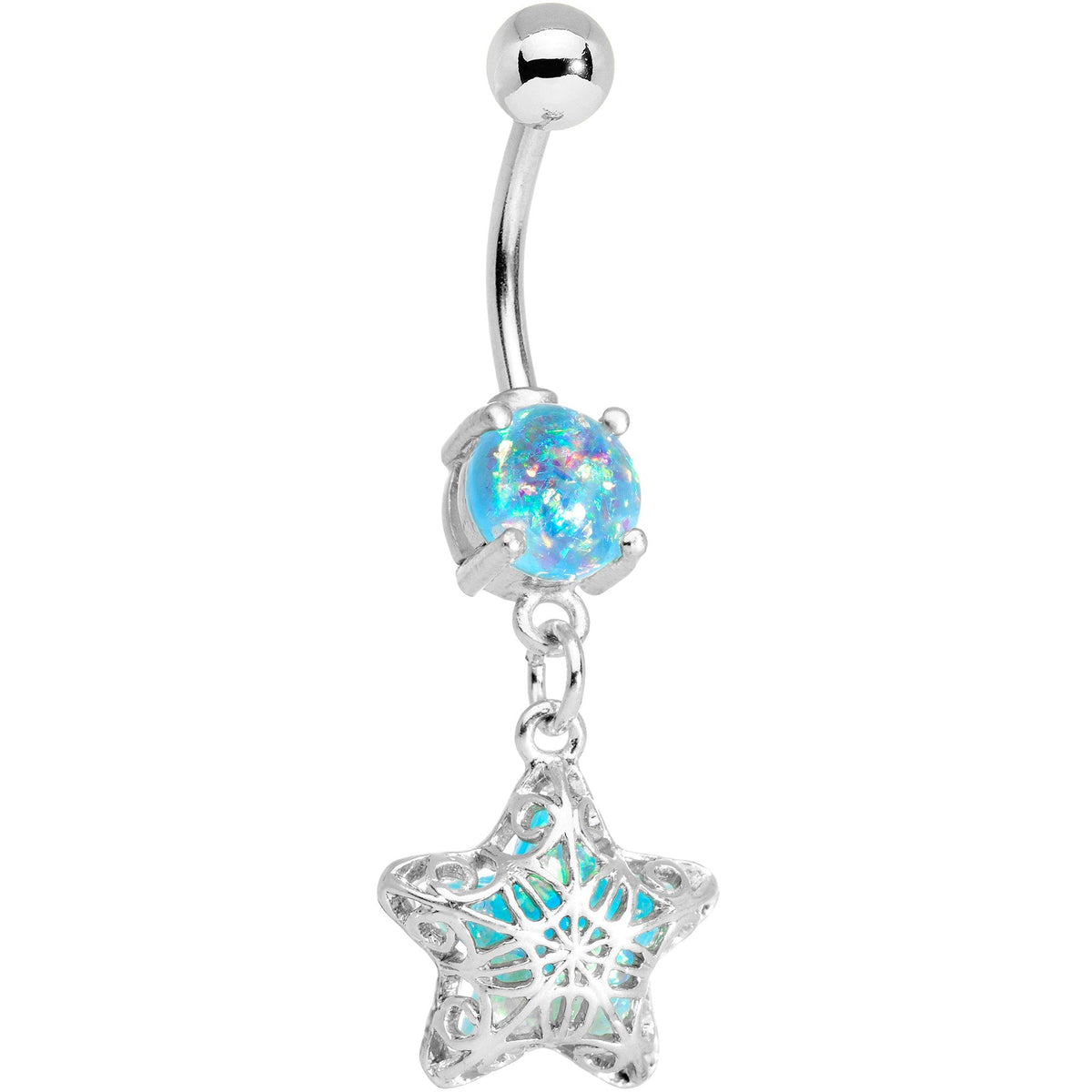 Aqua Faux Opal Captive Star Dangle Belly Ring