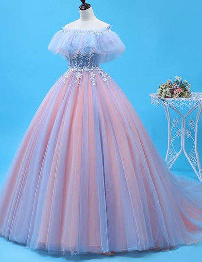 Off the shoulder lace applique beaded long tulle ball gown