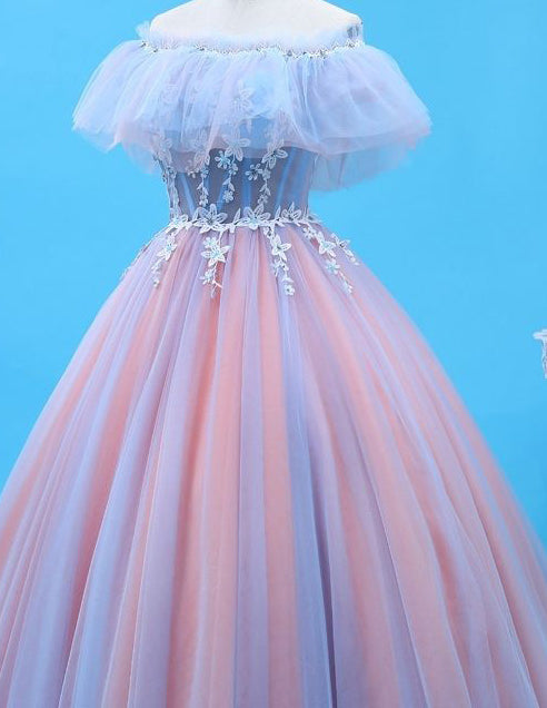 Off the shoulder lace applique beaded long tulle ball gown