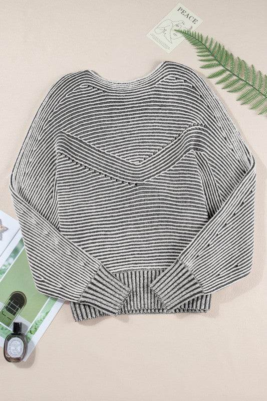 Stripe Ribbed Knit Boat Neck Sweater