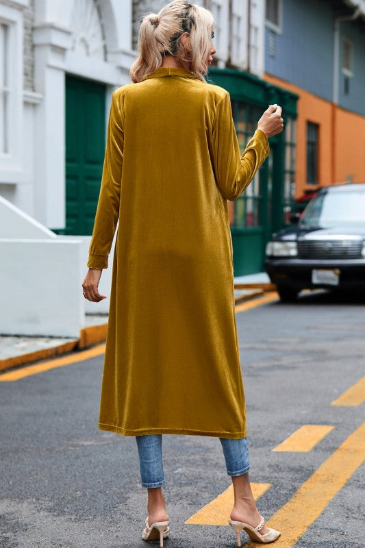 Velvet Open-Front Pocketed Cardigan