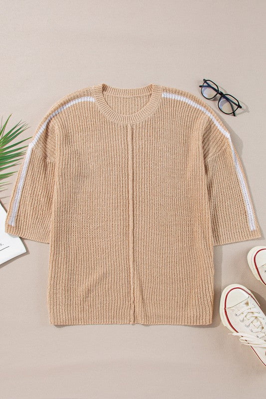 Contrast Stripe 3/4 Sleeve Crew Neck Sweater