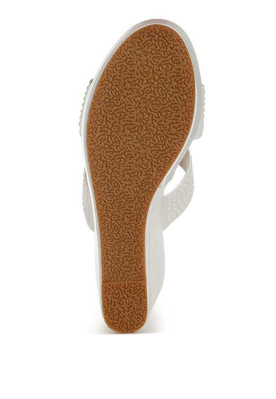 Renier Satin Pearl Detail Wedge Sandals