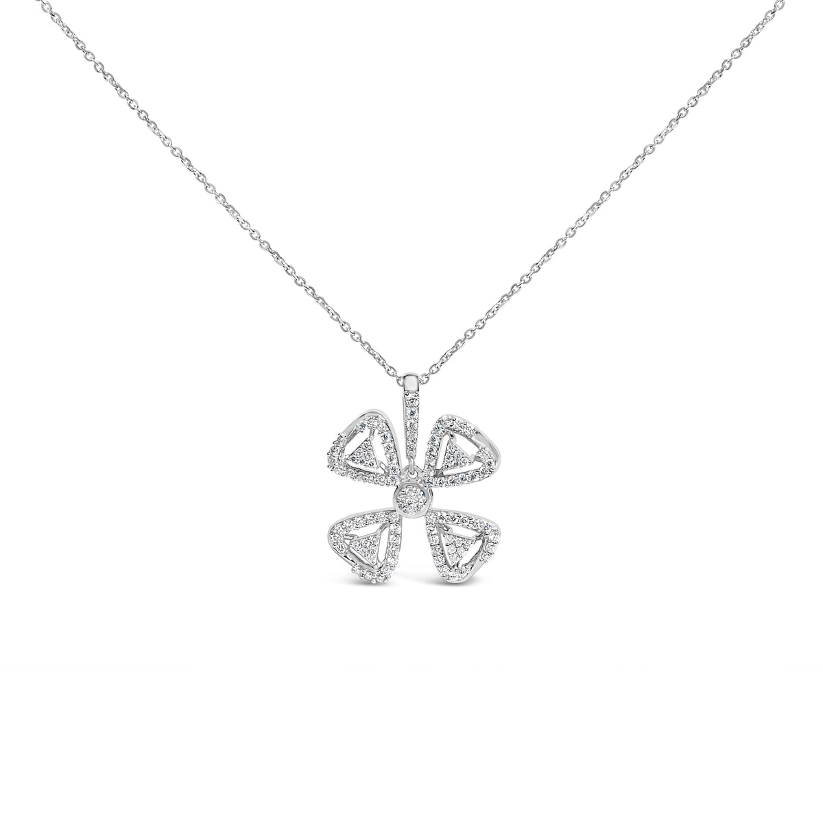 14K White Gold 5/8 Cttw Diamond 4 Leaf Floral Pendant Necklace (H-I Color, I1-I2 Clarity) - 18" Inches