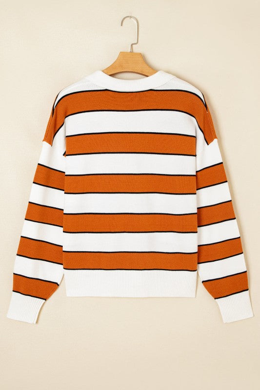 Valeria Stripe Ribbed Polo Collar Drop Shoulder Sw
