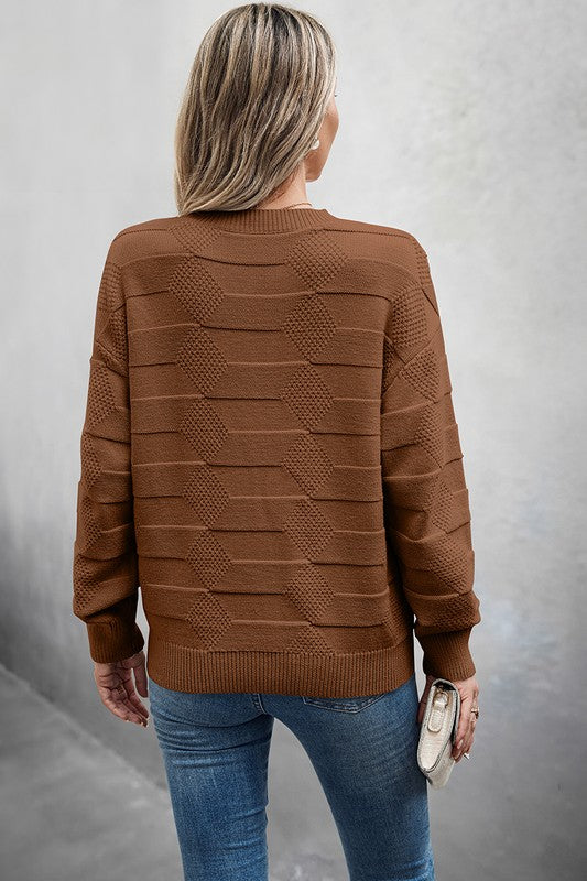 Solid Round Neck Knit Loose Long Sleeves Sweater
