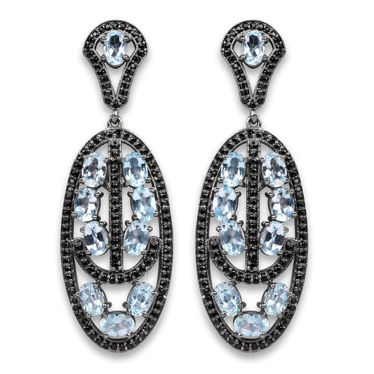 13.80 Carat Genuine Blue Topaz and Black Spinel .925 Sterling Silver Earrings