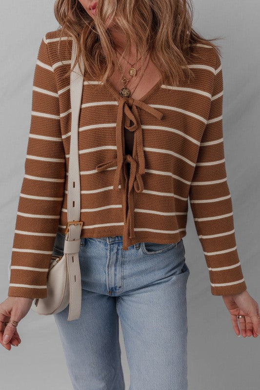 Stripe Tie-Front V-Neck Cardigan Sweater