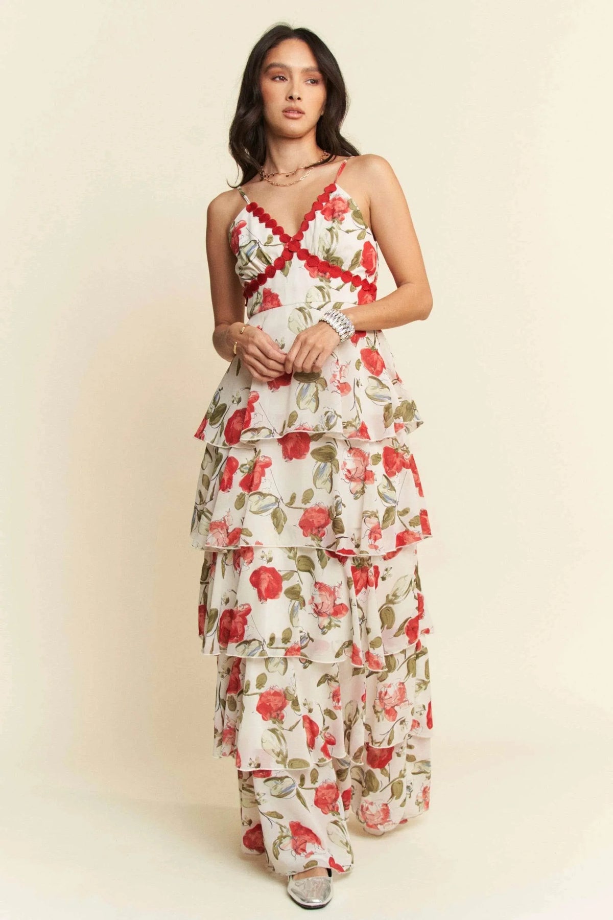 Davi & Dani Contrast Ring Lace Layered Ruffle Maxi Cami Dress