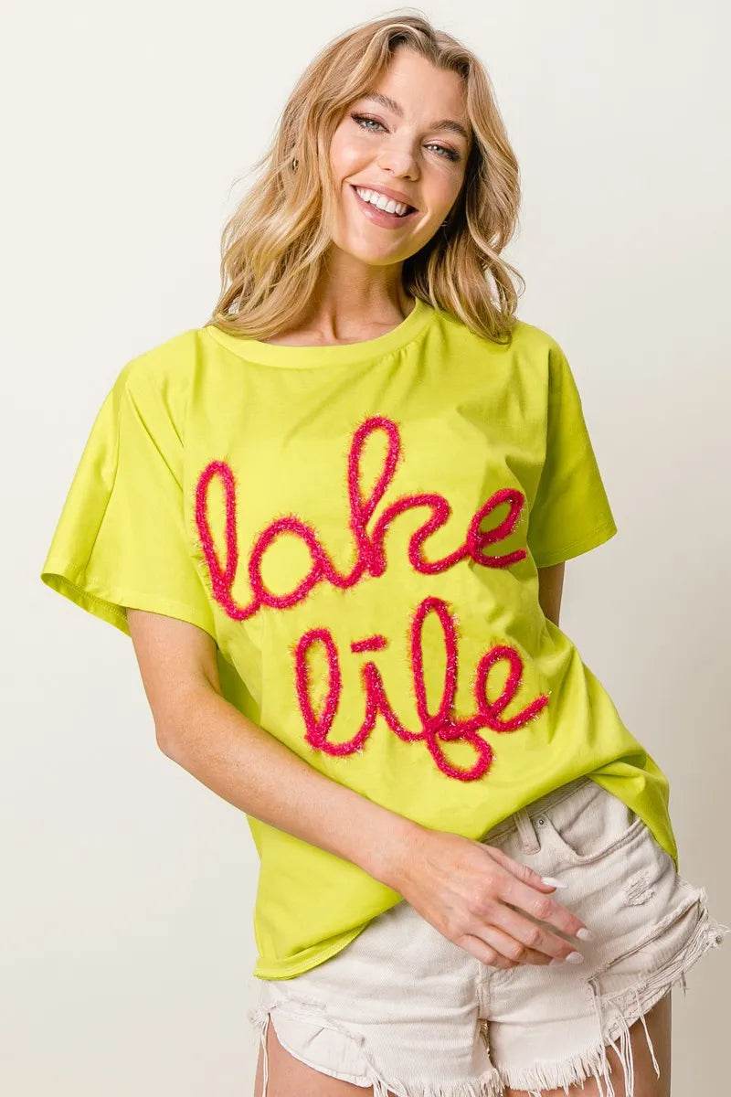 BiBi Metallic Letter Short Dolman Sleeve Top