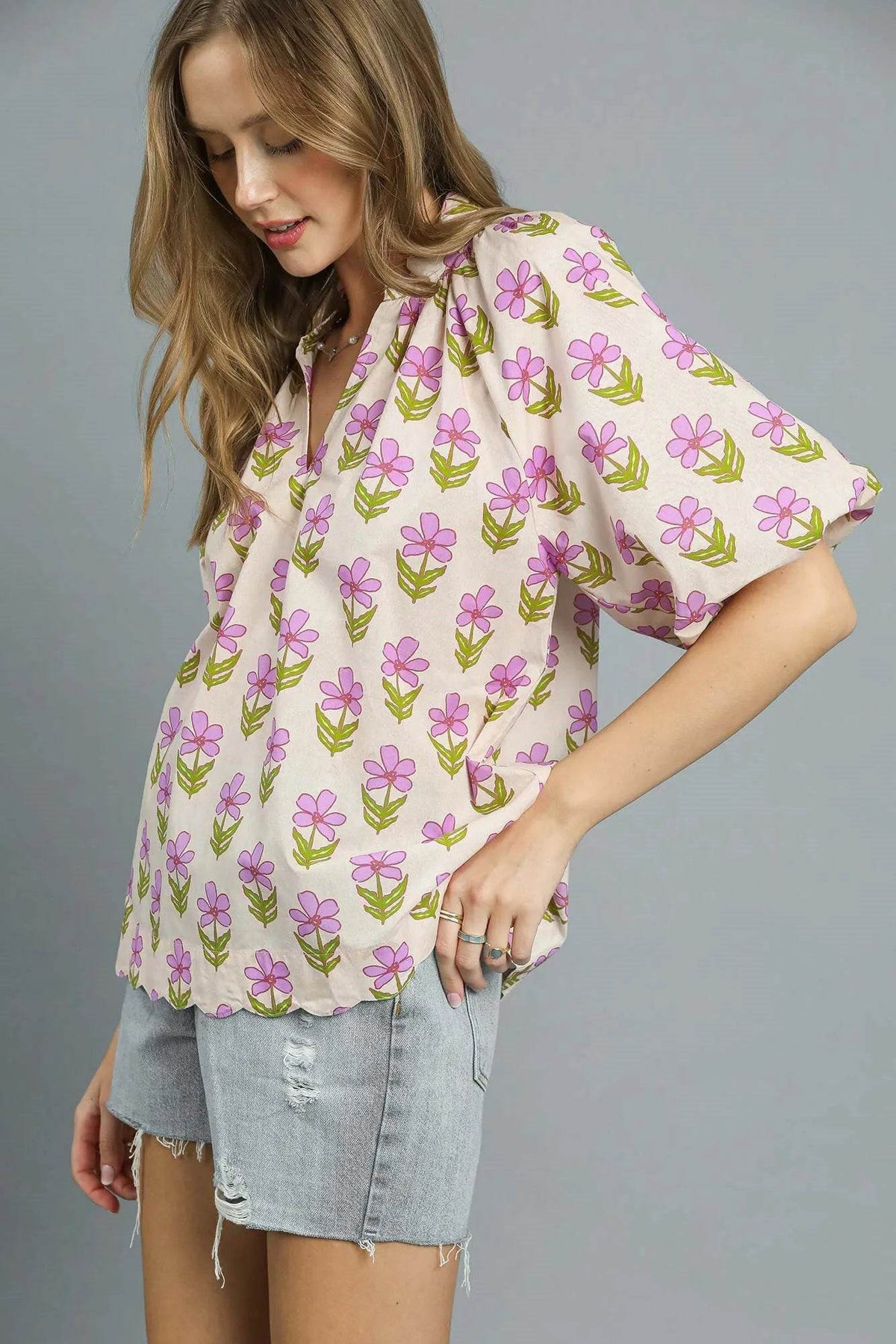 Umgee Floral Print Puff Sleeve Blouse