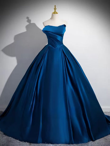 Blue strapless pleated long satin ball gown evening dress
