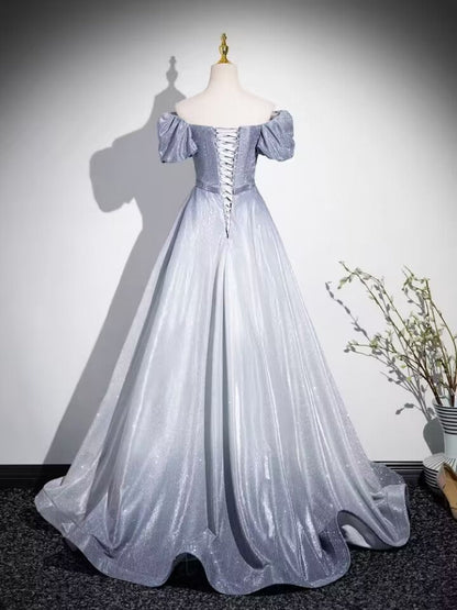 Gradual silver grey pleated long prom dress gown