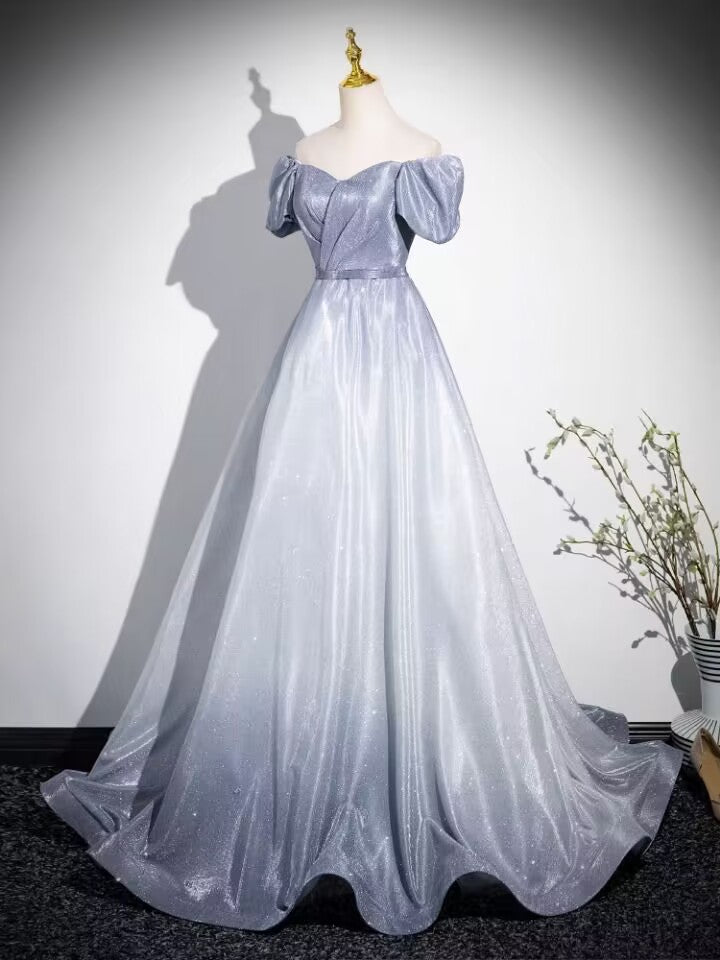Gradual silver grey pleated long prom dress gown