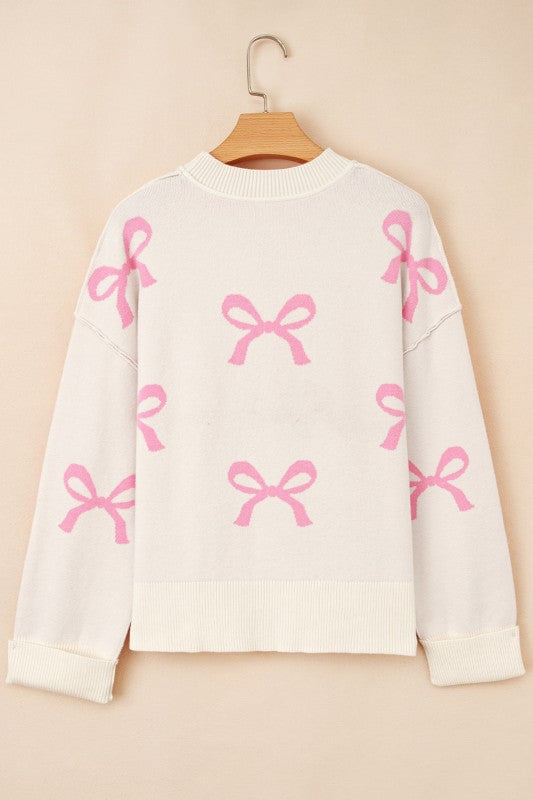 Bow Ribbed Trim Reverse Seam Drop Shoulder Sweater