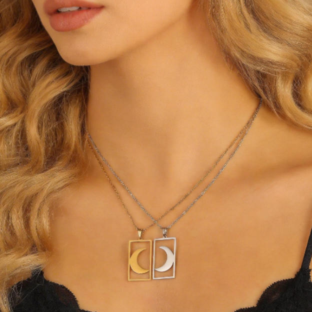 18K Gold Plated Sun Moon Hollow Geometric Square Pendant Stainless Steel Necklace