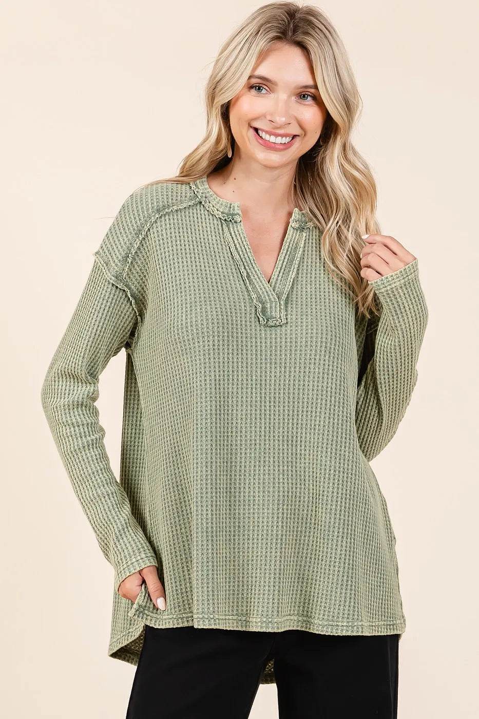 Mittoshop Mineral Wash Waffle Knit V-Neck Long Sleeve Top