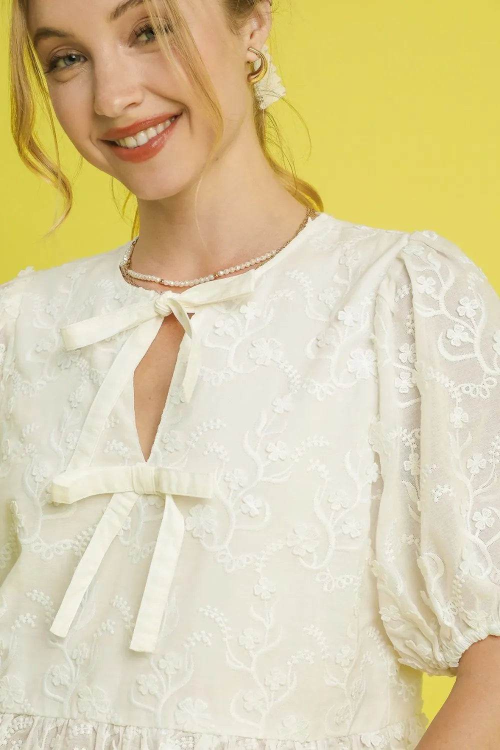 Umgee Embroidered Tie Front Peplum Blouse
