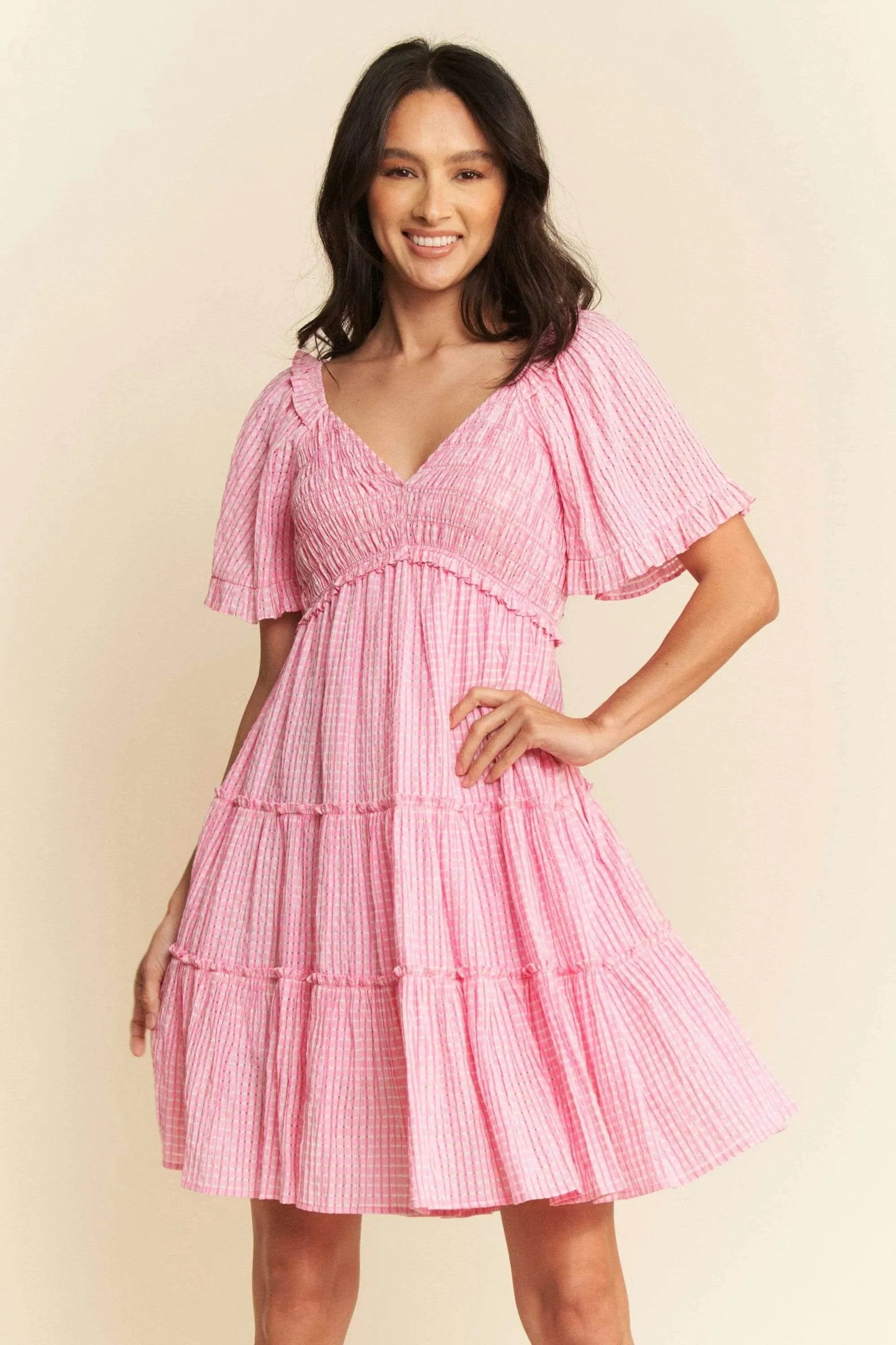 Davi & Dani Jacquard Checker Smocking Tiered Dress