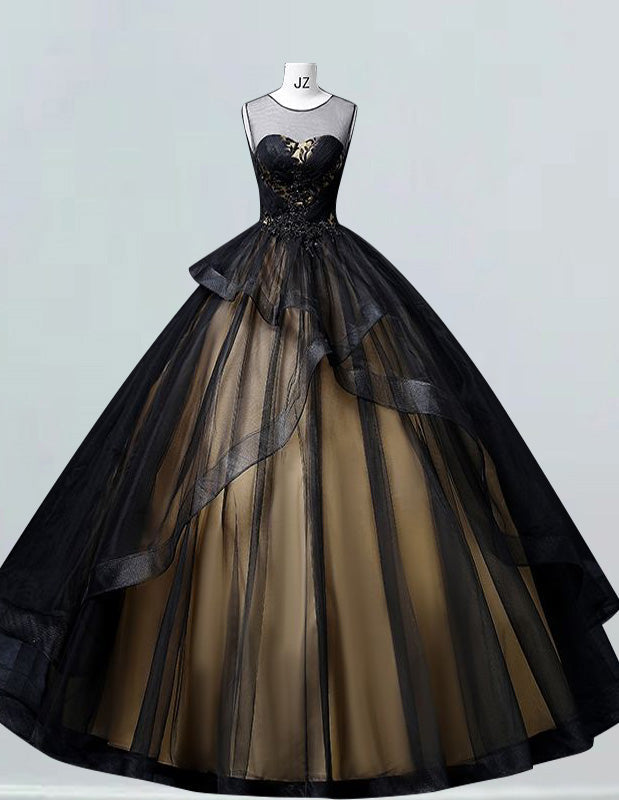 Black scoop lace applique tulle ball gown princess evening gown prom dress gold satin bridal party dress