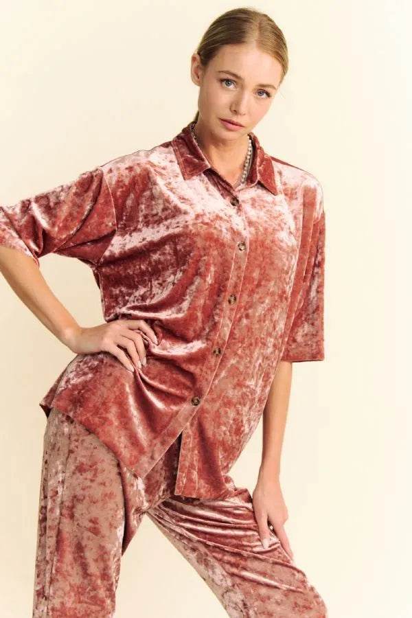 Davi & Dani Crushed Velvet Button Front Easy Lounge Shirt Top