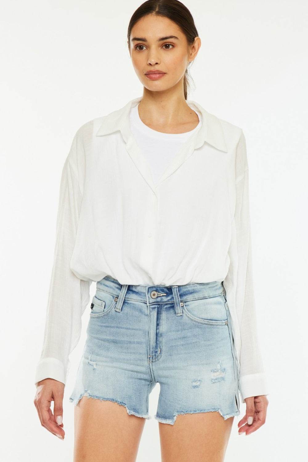 Kancan High Rise Side Slit Denim Shorts