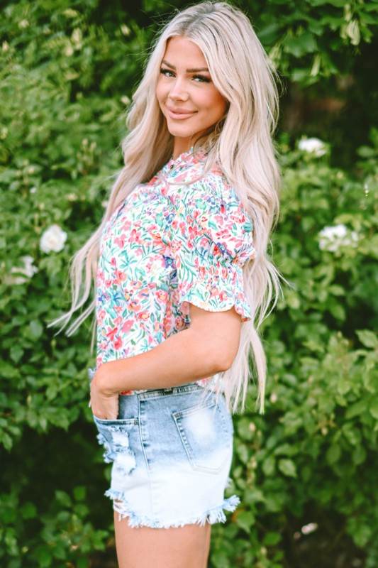 Azaria Floral Print Button Split Neck Puff Sleeve