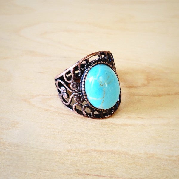 Blue Turquoise Antique Copper Filigree Setting