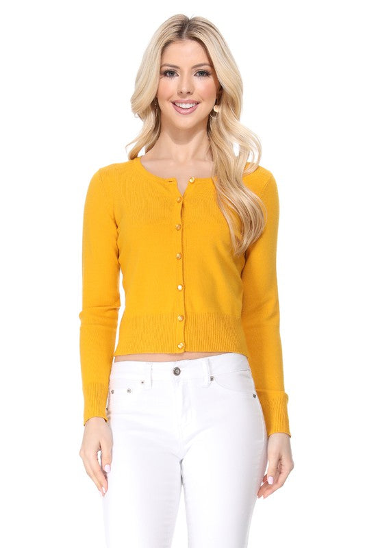 Gem Button Crew Neck Long Sleeve Sweater Cardigan