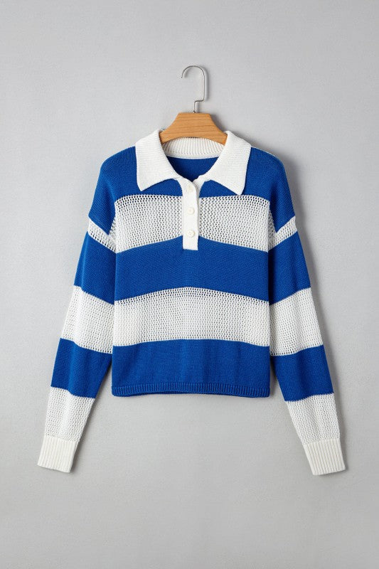 Genevieve Stripe Collar Eyelet Crochet Knitted Swe