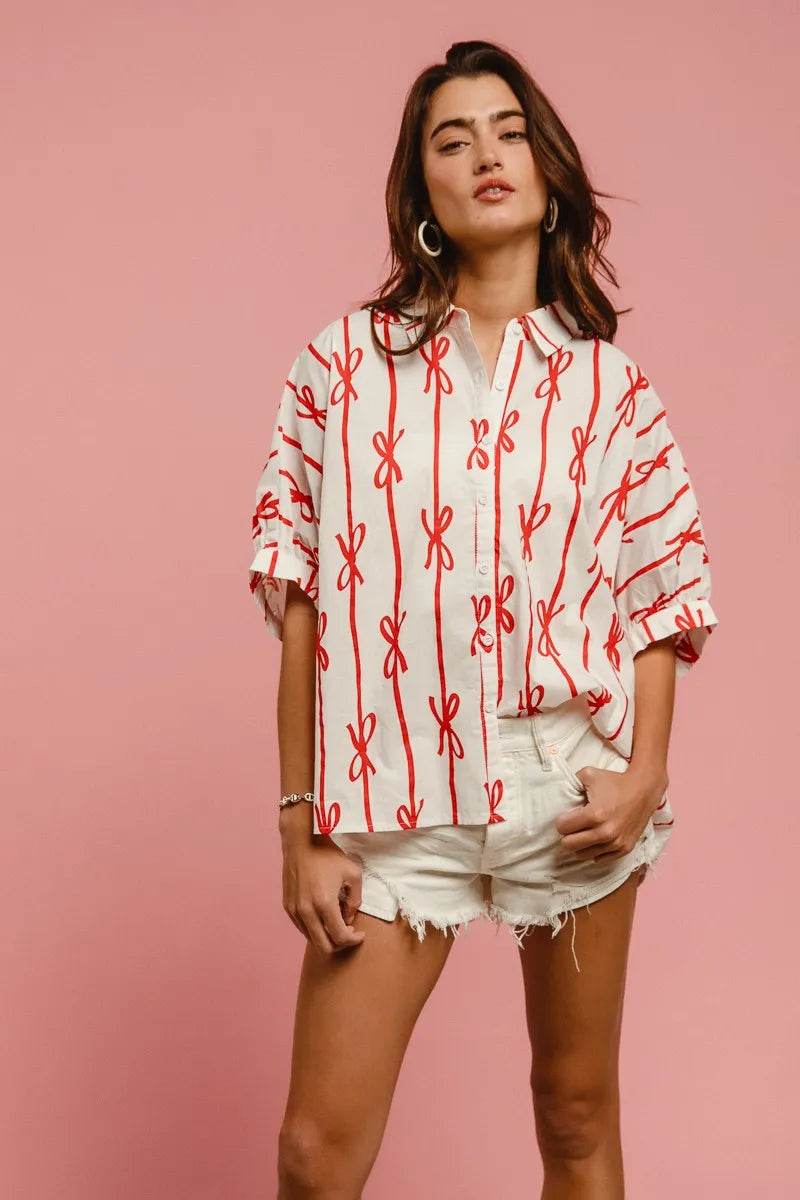 BiBi Bow Ribbon Woven Printed Button Down Shirt