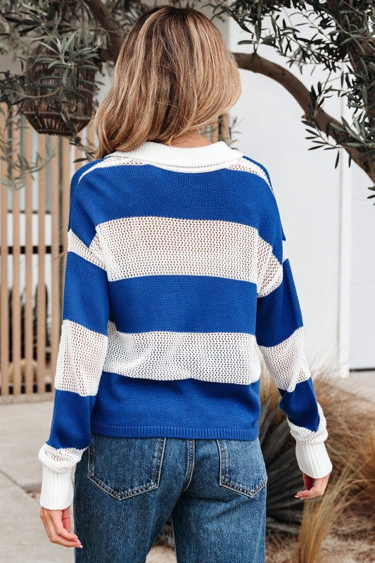 Genevieve Stripe Collar Eyelet Crochet Knitted Swe