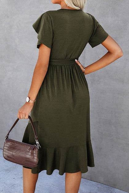 Petal Sleeve Ruffle Trim Wrap Belted Midi Dress