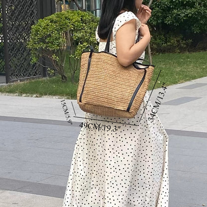 Exquisite Vintage Straw Bag & Large Capacity Women's Commuter Shoulder Bag: Woven Tote & Chic Seaside Vacation Shopping Bag Combo hobo