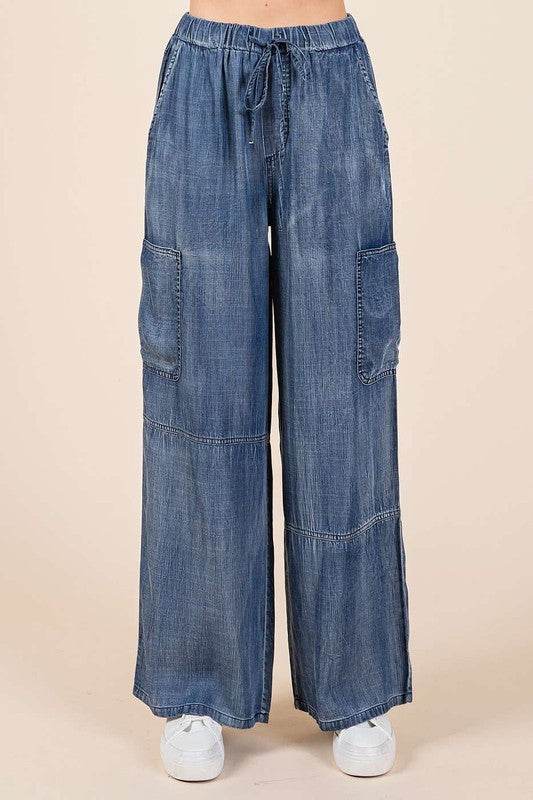 Mittoshop Washed Elastic Waist Cargo Wide Leg Pants