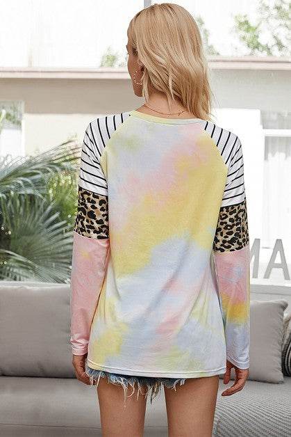 Crew Neck Patchwork Tie Dye Fit Loose Shirt