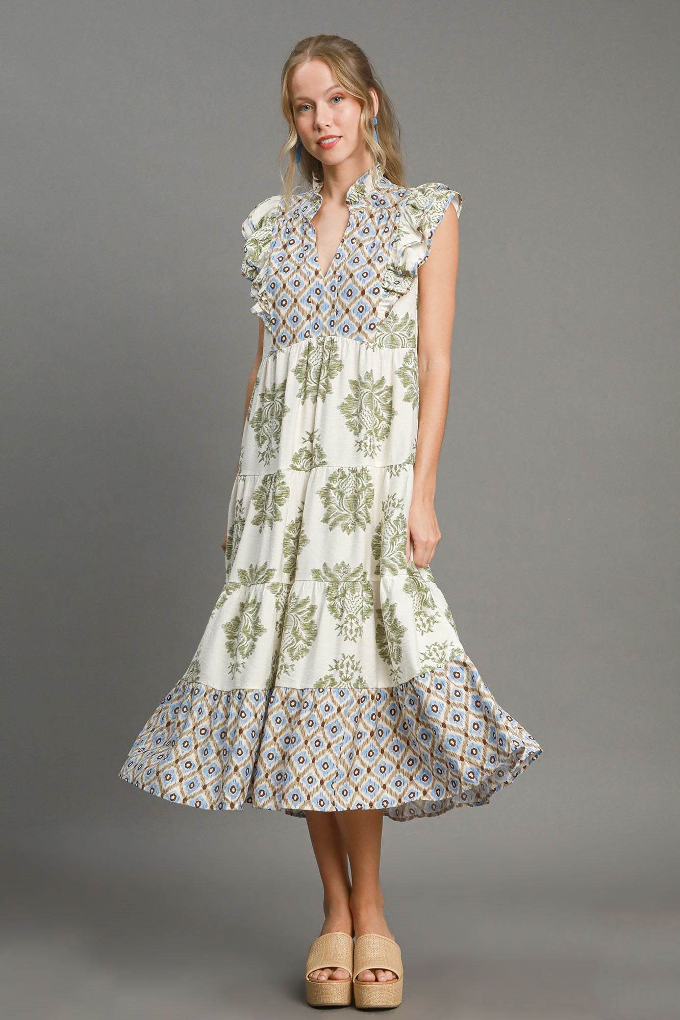 Umgee Full Size Mixed Print Ruffle Cap Sleeve Midi Dress Plus Size