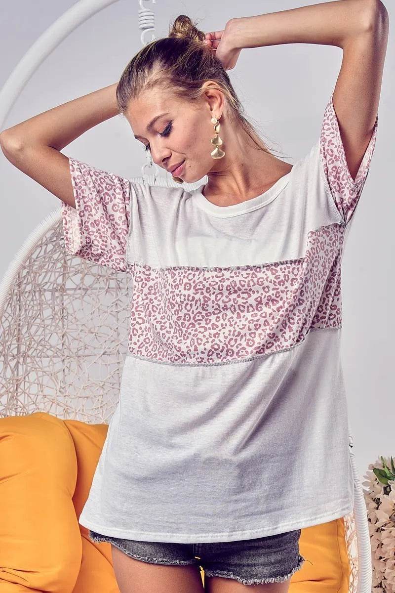 BiBi Triblend Knit with Leopard Block Out Stitching