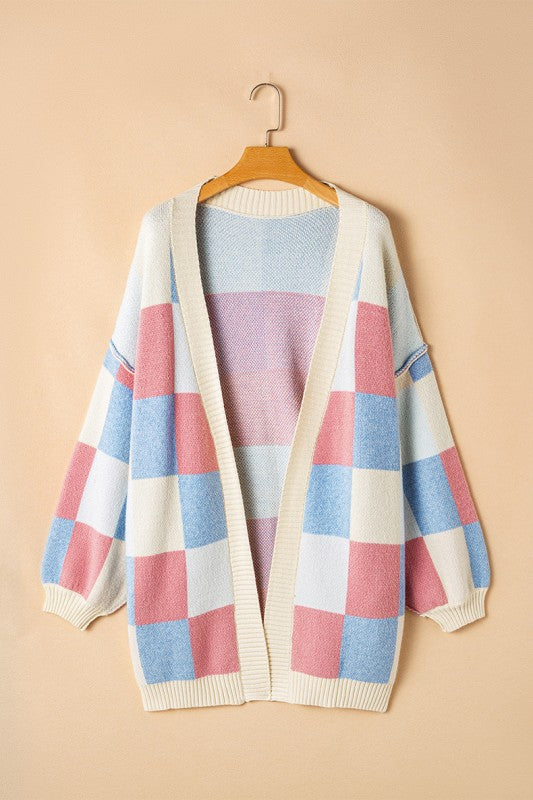 Checkered Drop Shoulder Seam Open Front Cardigan