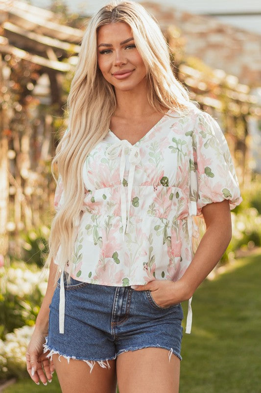 Alaiya Floral Puff Sleeve V Neck Tied Front Peplum