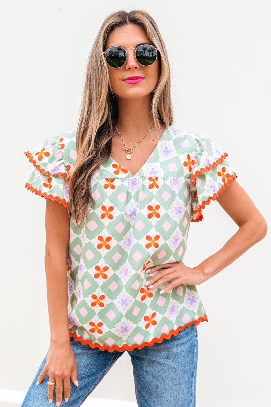 Belen Floral Layered Flutter Sleeve Rac Trim Blous