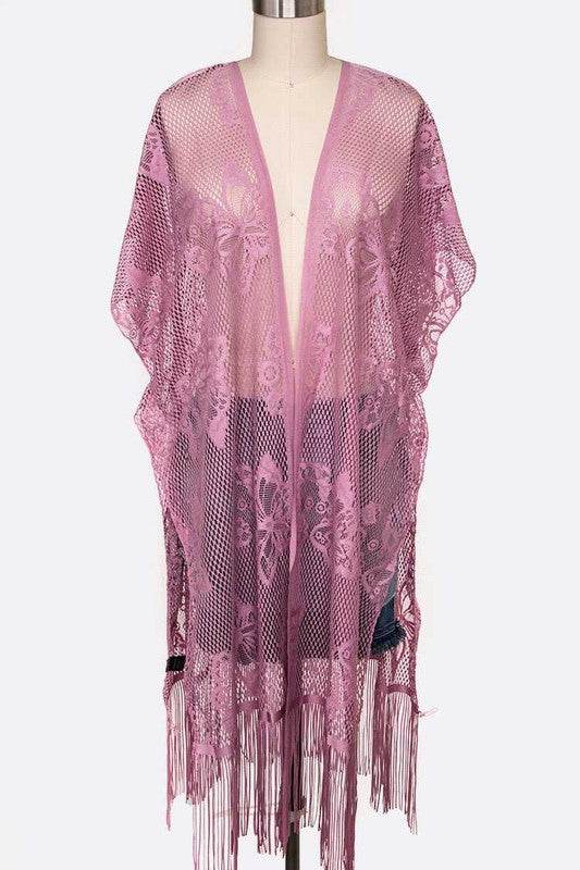 Open Knit Fringe Lace Kimono Cardigan