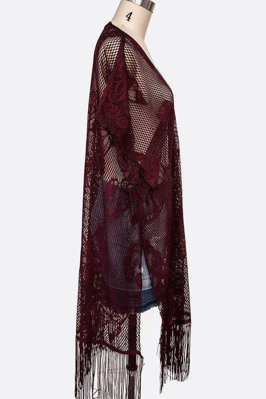 Open Knit Fringe Lace Kimono Cardigan