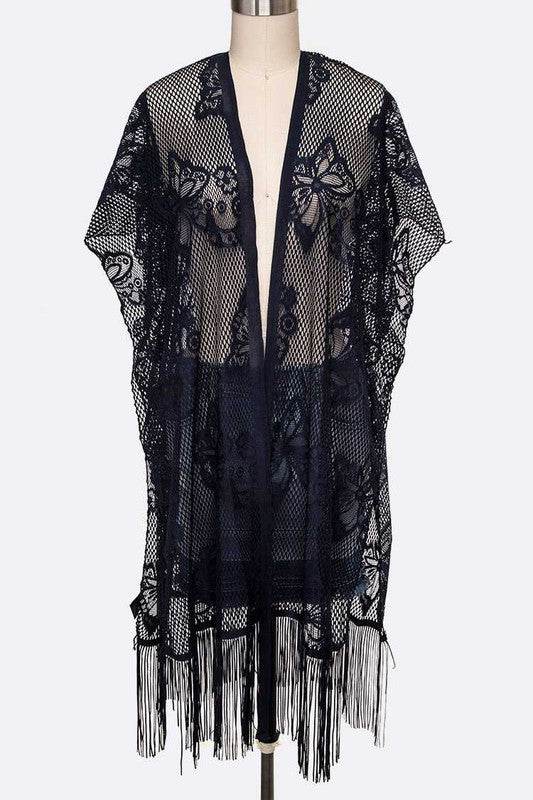 Open Knit Fringe Lace Kimono Cardigan