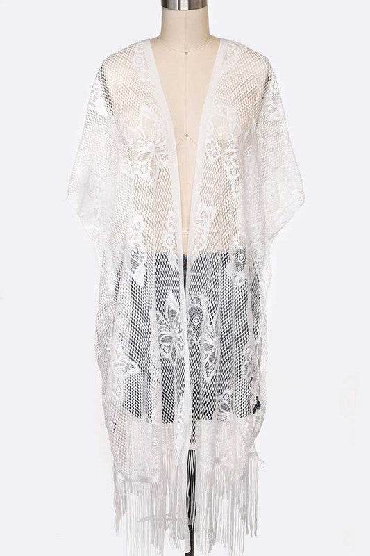 Open Knit Fringe Lace Kimono Cardigan