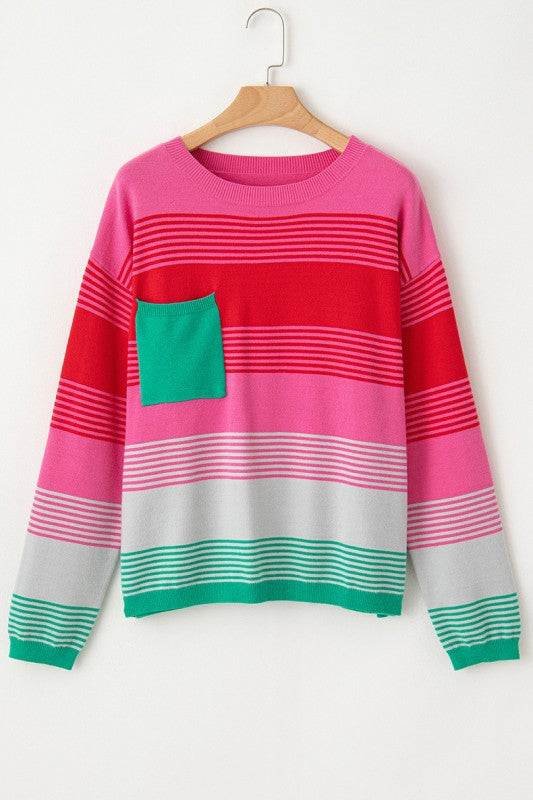 Striped Knit Patch Pocket Drop Shoulder Sweater